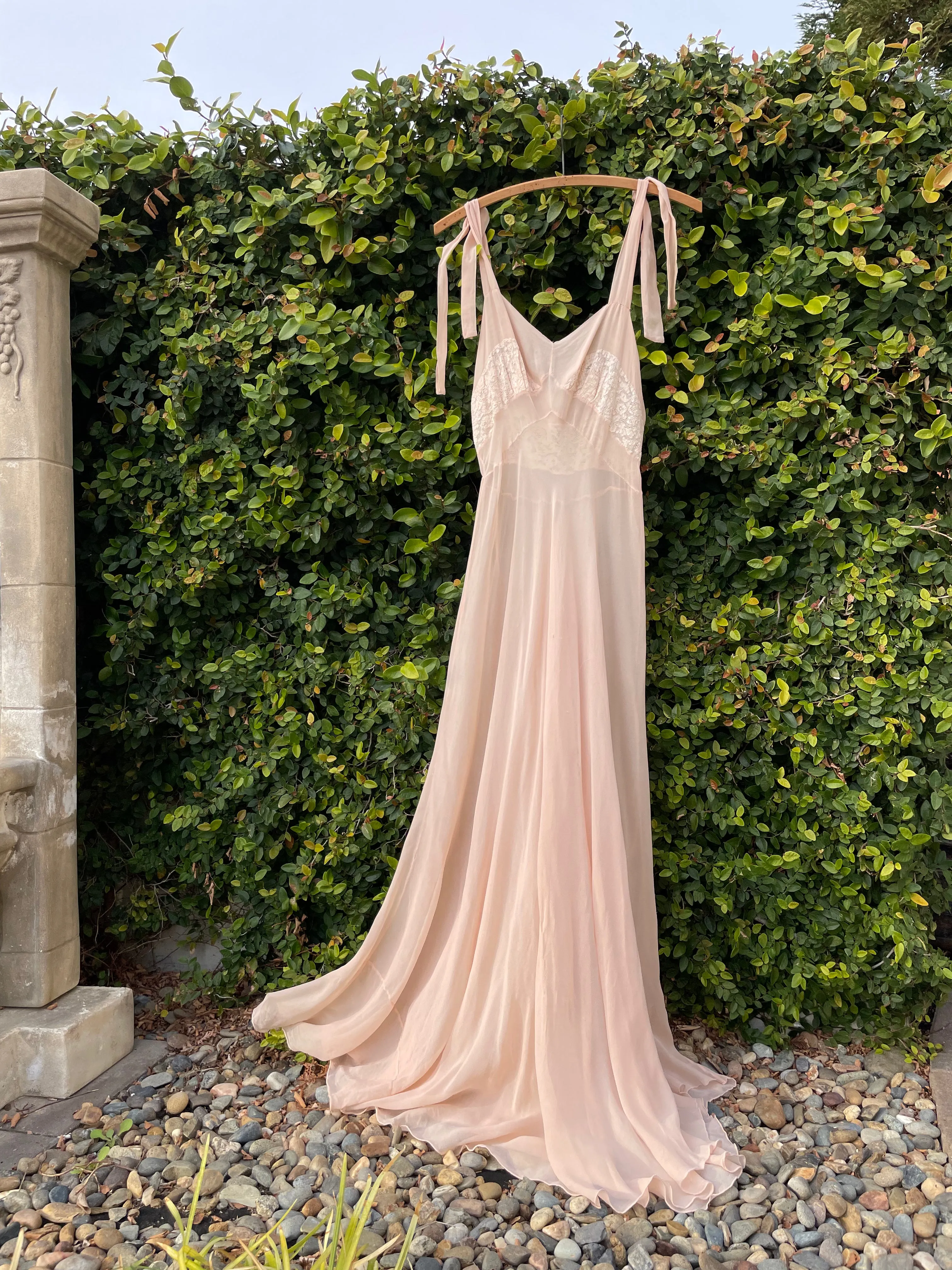 1930s Blush Pink Chiffon Tie Strap Slip Dress