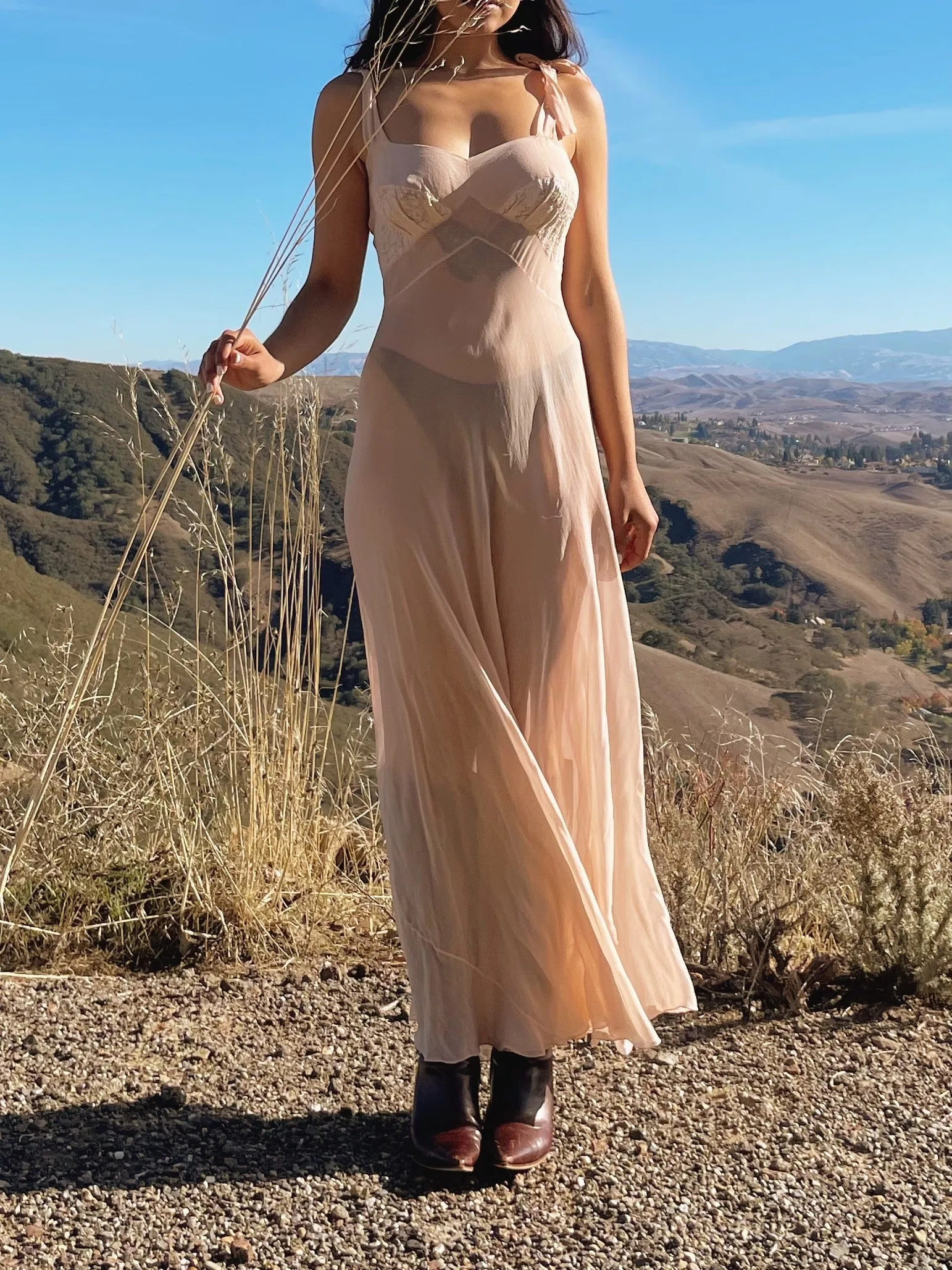 1930s Blush Pink Chiffon Tie Strap Slip Dress