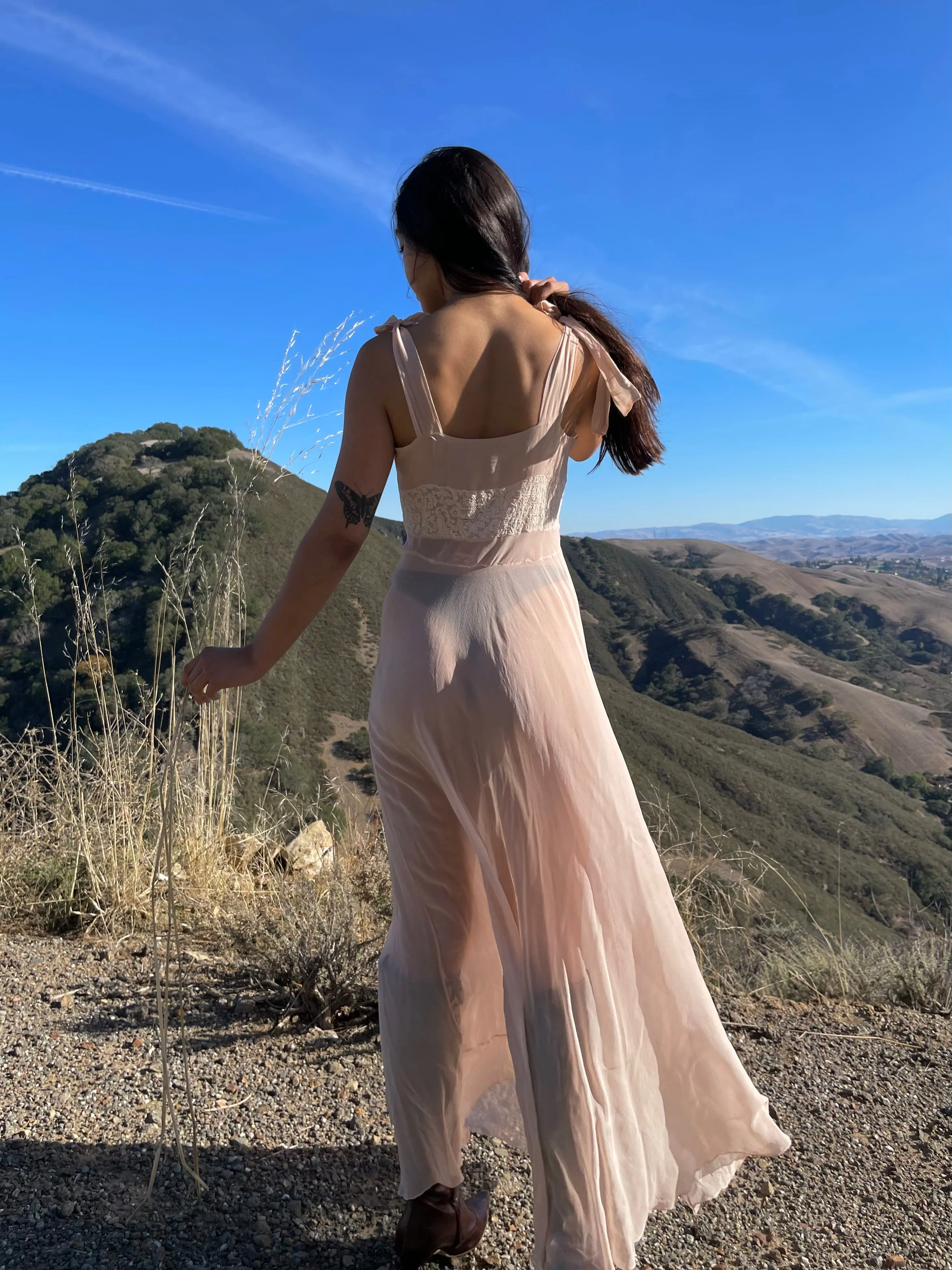 1930s Blush Pink Chiffon Tie Strap Slip Dress