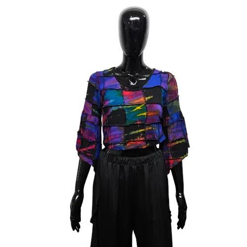 3/4 Sleeve Patchwork Crop Top