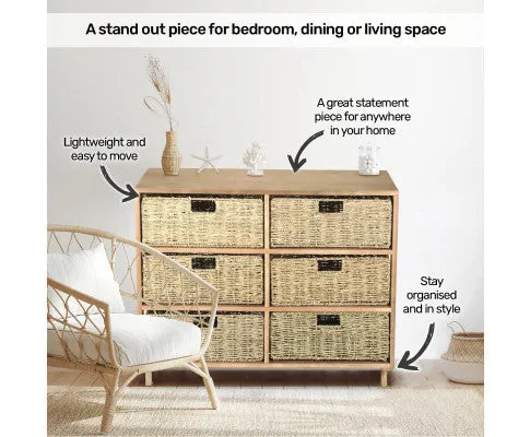 6 Drawer Natural Seagrass Wooden Storage Chest Stylish 66cm