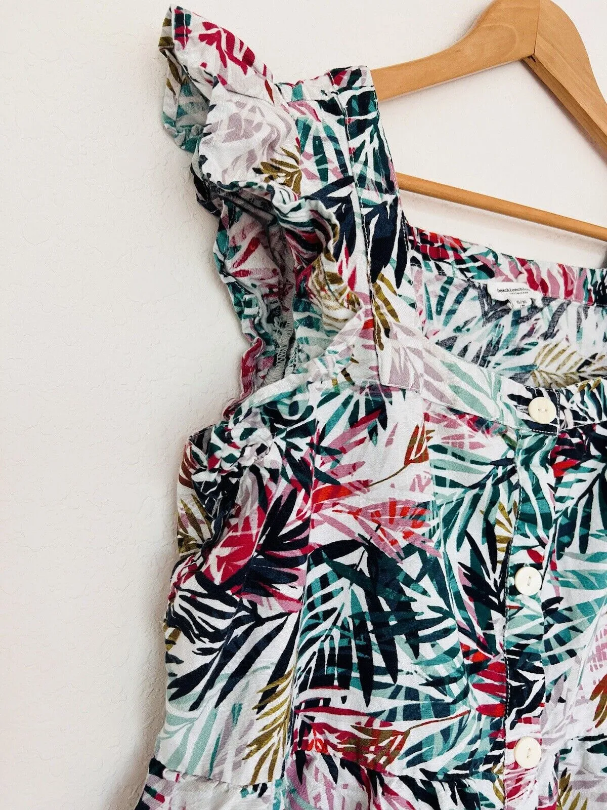 BEACHLUNCHLOUNGE Linen Blend Dress Sz XL Hawaiian Palm Tiered Botton Up Travel