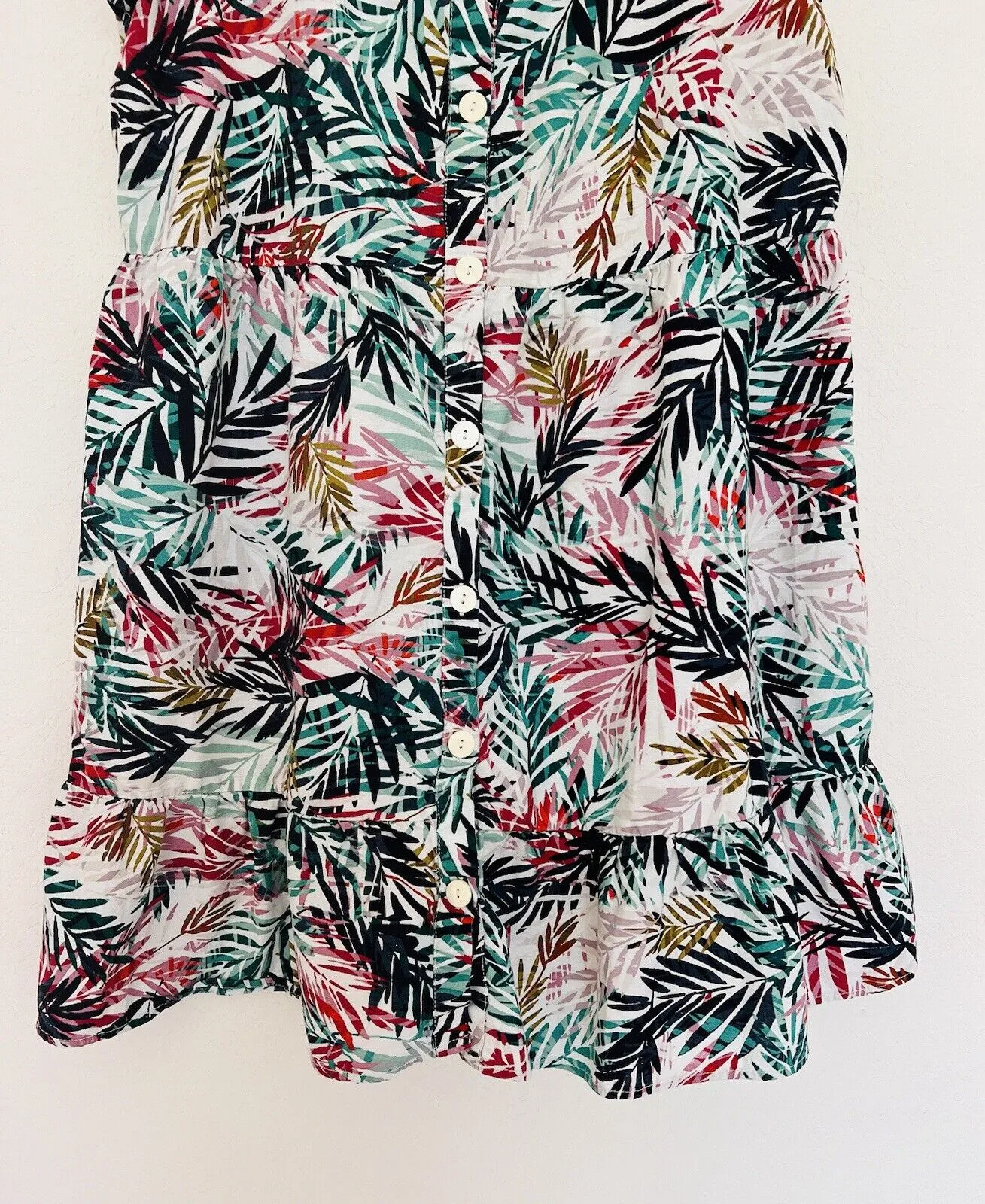 BEACHLUNCHLOUNGE Linen Blend Dress Sz XL Hawaiian Palm Tiered Botton Up Travel