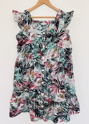 BEACHLUNCHLOUNGE Linen Blend Dress Sz XL Hawaiian Palm Tiered Botton Up Travel