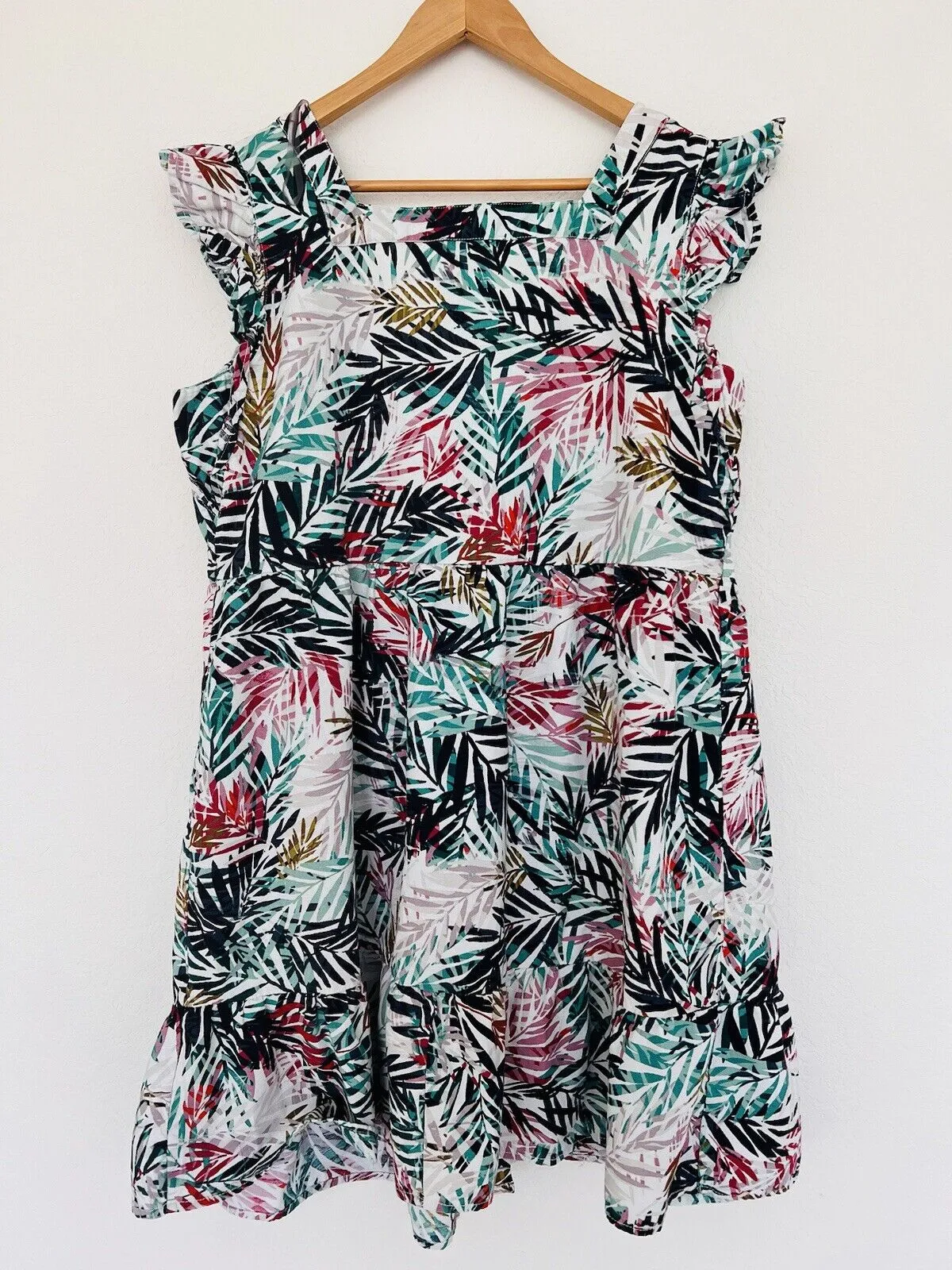 BEACHLUNCHLOUNGE Linen Blend Dress Sz XL Hawaiian Palm Tiered Botton Up Travel