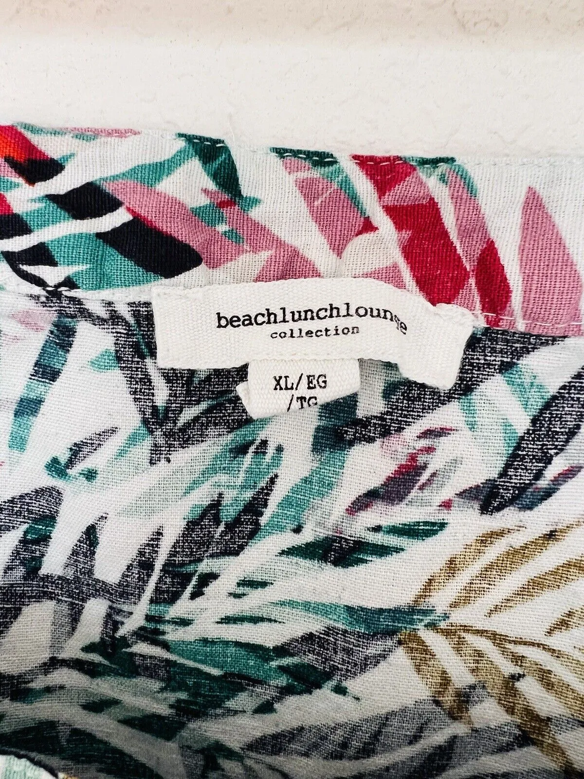 BEACHLUNCHLOUNGE Linen Blend Dress Sz XL Hawaiian Palm Tiered Botton Up Travel