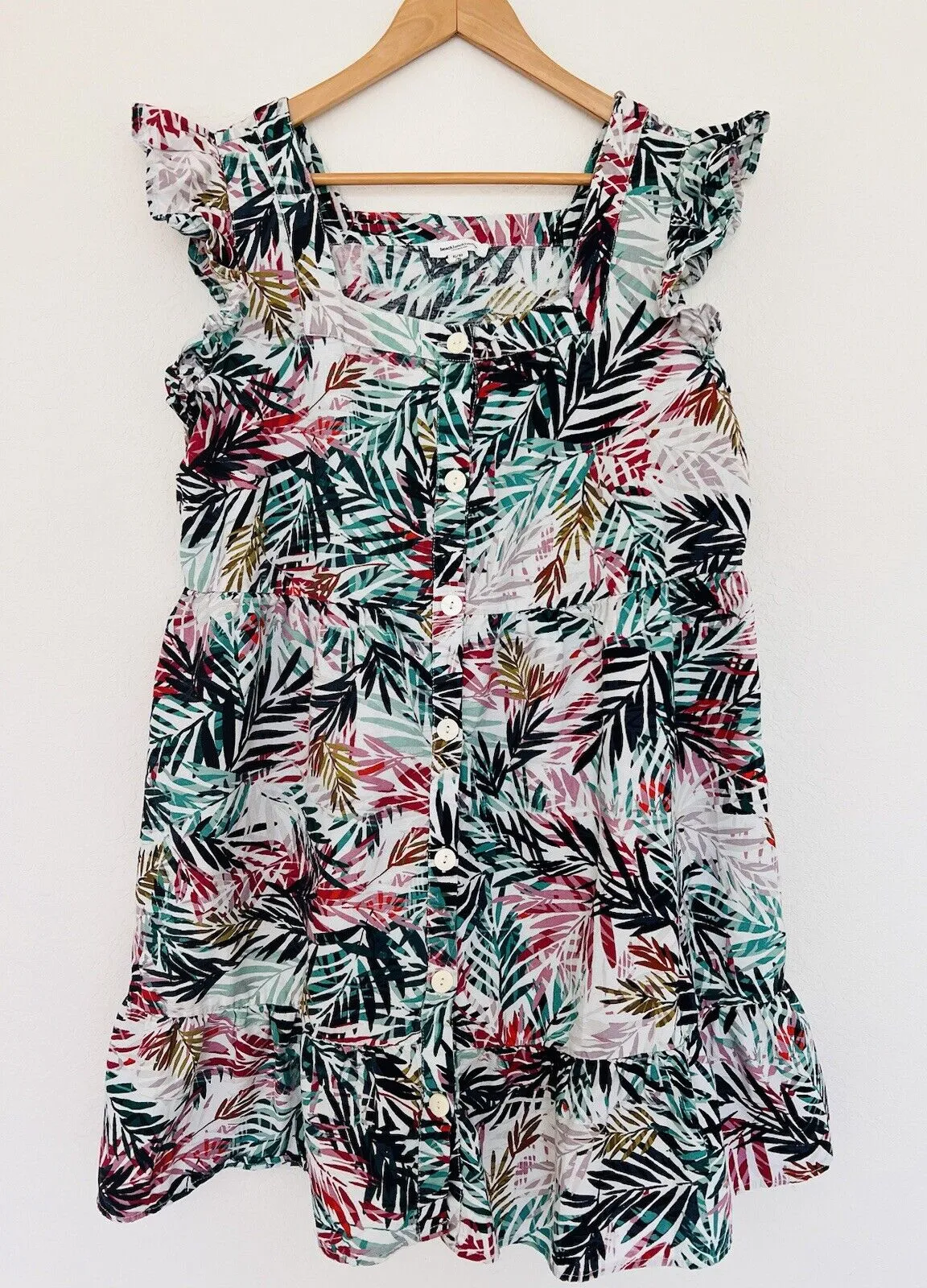 BEACHLUNCHLOUNGE Linen Blend Dress Sz XL Hawaiian Palm Tiered Botton Up Travel