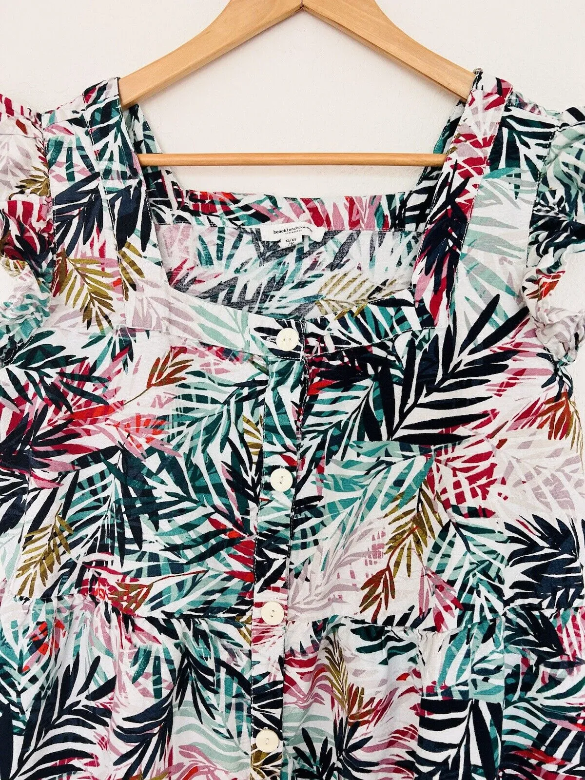 BEACHLUNCHLOUNGE Linen Blend Dress Sz XL Hawaiian Palm Tiered Botton Up Travel