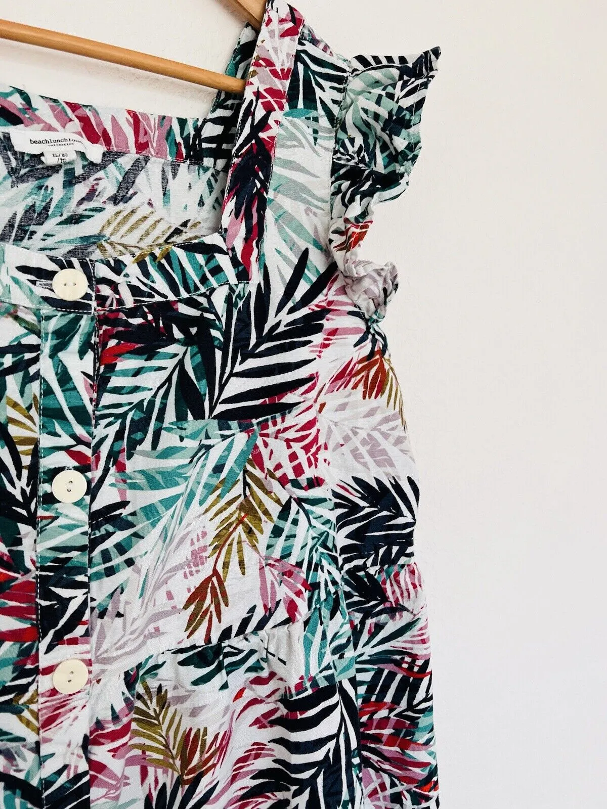 BEACHLUNCHLOUNGE Linen Blend Dress Sz XL Hawaiian Palm Tiered Botton Up Travel