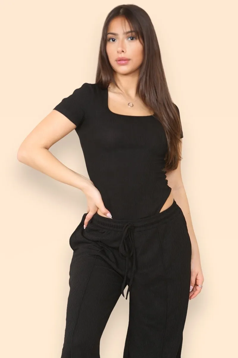 Black Trendy Square Neck Shaping Bodysuit & High Waist Wide Leg Trousers Co-ord