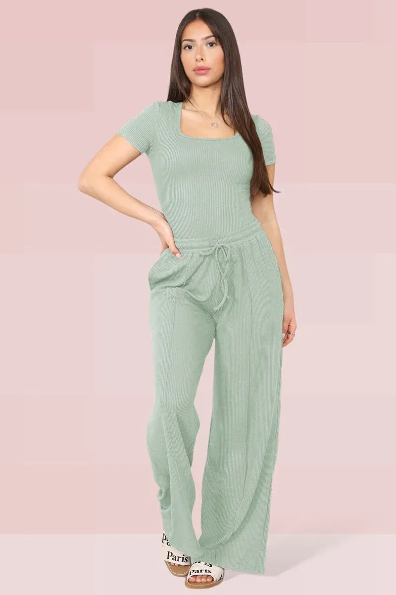 Black Trendy Square Neck Shaping Bodysuit & High Waist Wide Leg Trousers Co-ord