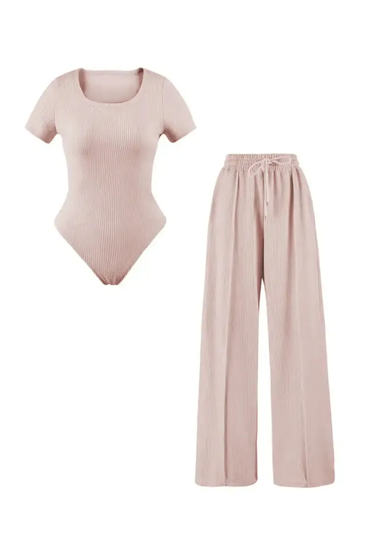 Black Trendy Square Neck Shaping Bodysuit & High Waist Wide Leg Trousers Co-ord