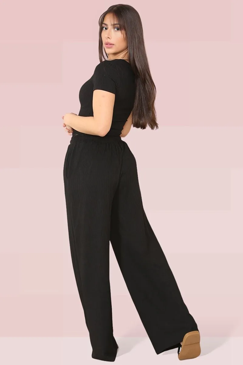 Black Trendy Square Neck Shaping Bodysuit & High Waist Wide Leg Trousers Co-ord