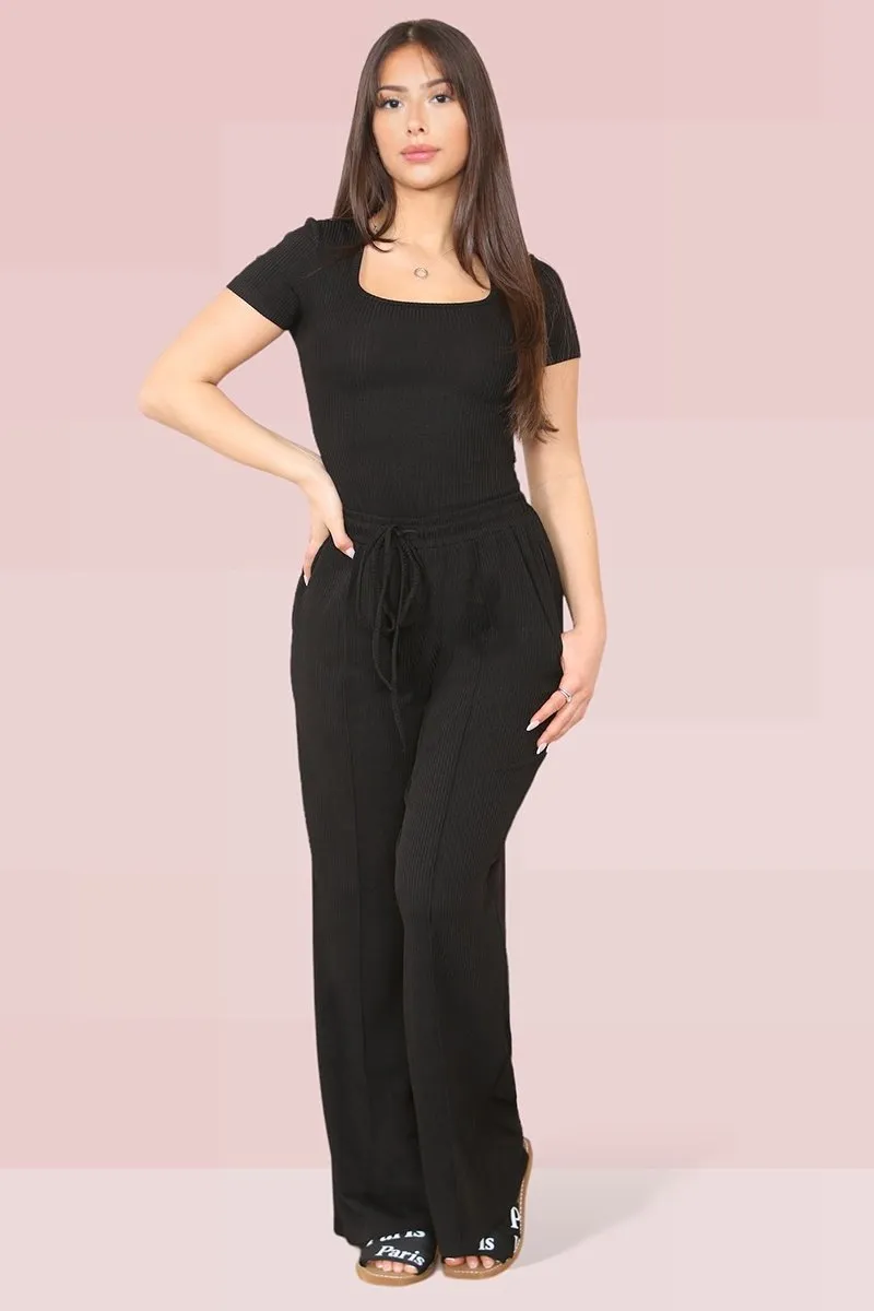 Black Trendy Square Neck Shaping Bodysuit & High Waist Wide Leg Trousers Co-ord