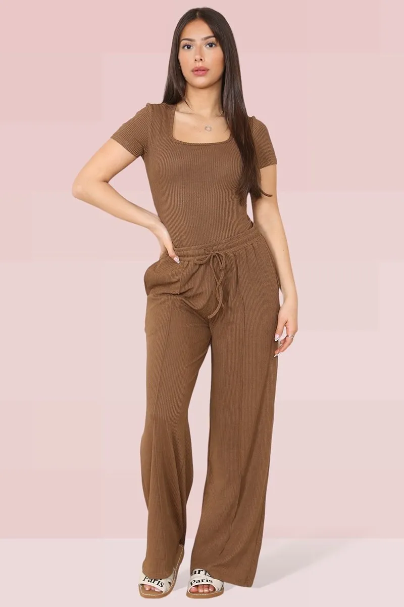 Black Trendy Square Neck Shaping Bodysuit & High Waist Wide Leg Trousers Co-ord