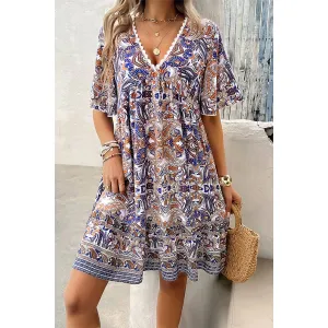 Blue Allover Print Lace Trim Loose A Line Dress