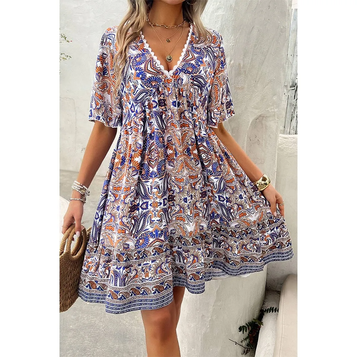 Blue Allover Print Lace Trim Loose A Line Dress