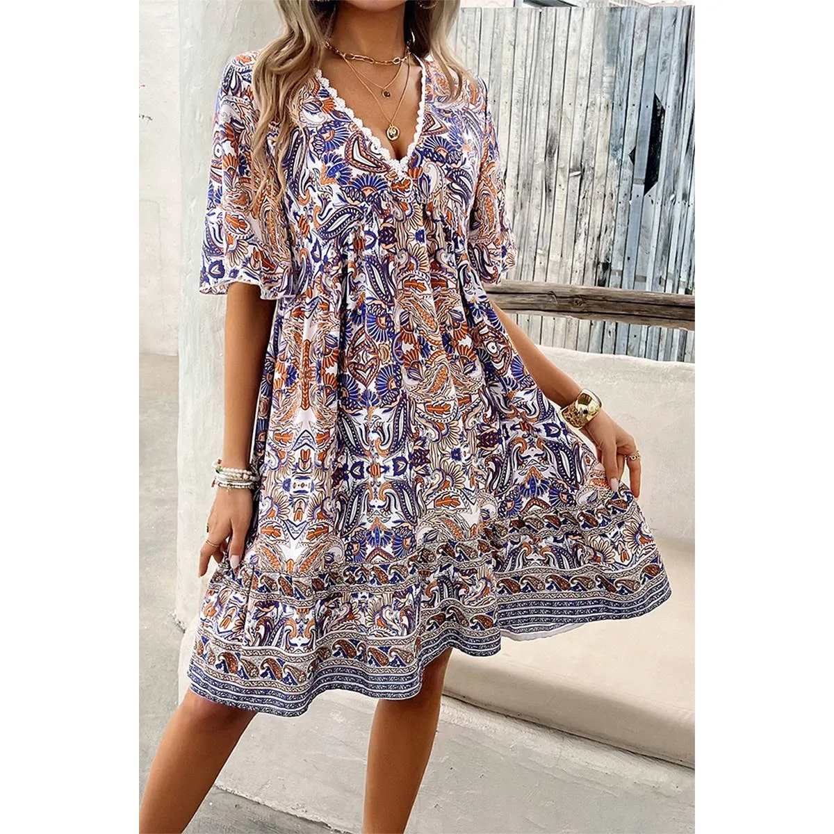 Blue Allover Print Lace Trim Loose A Line Dress