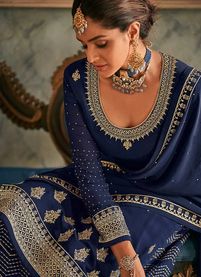 Blue and Gold Heavy Embroidered Stylish Palazzo Suit