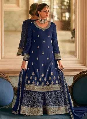 Blue and Gold Heavy Embroidered Stylish Palazzo Suit