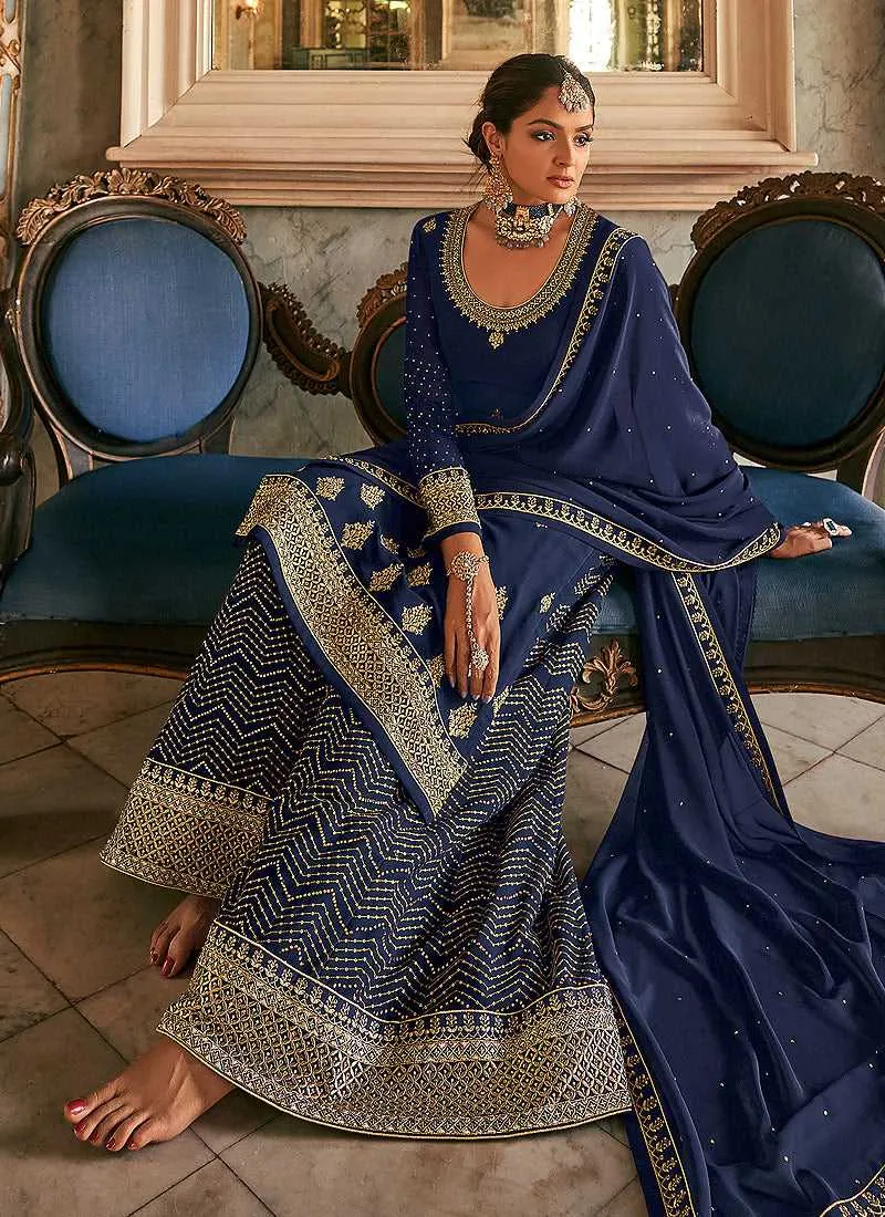 Blue and Gold Heavy Embroidered Stylish Palazzo Suit