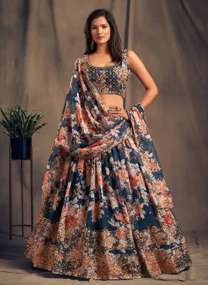Blue Floral Printed Stylish Embroidered Lehenga Choli