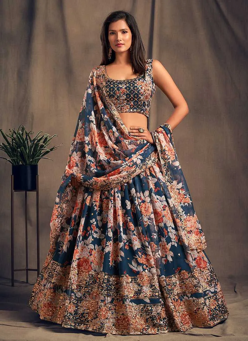 Blue Floral Printed Stylish Embroidered Lehenga Choli