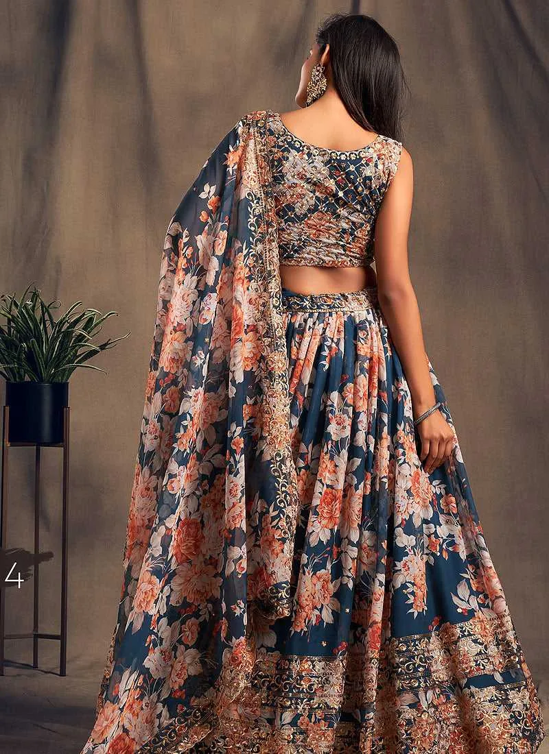 Blue Floral Printed Stylish Embroidered Lehenga Choli