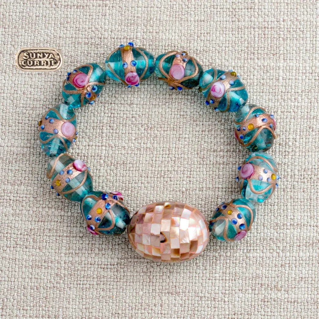 Blue Venetian Glass and Abalone Inlay Bead Bracelet