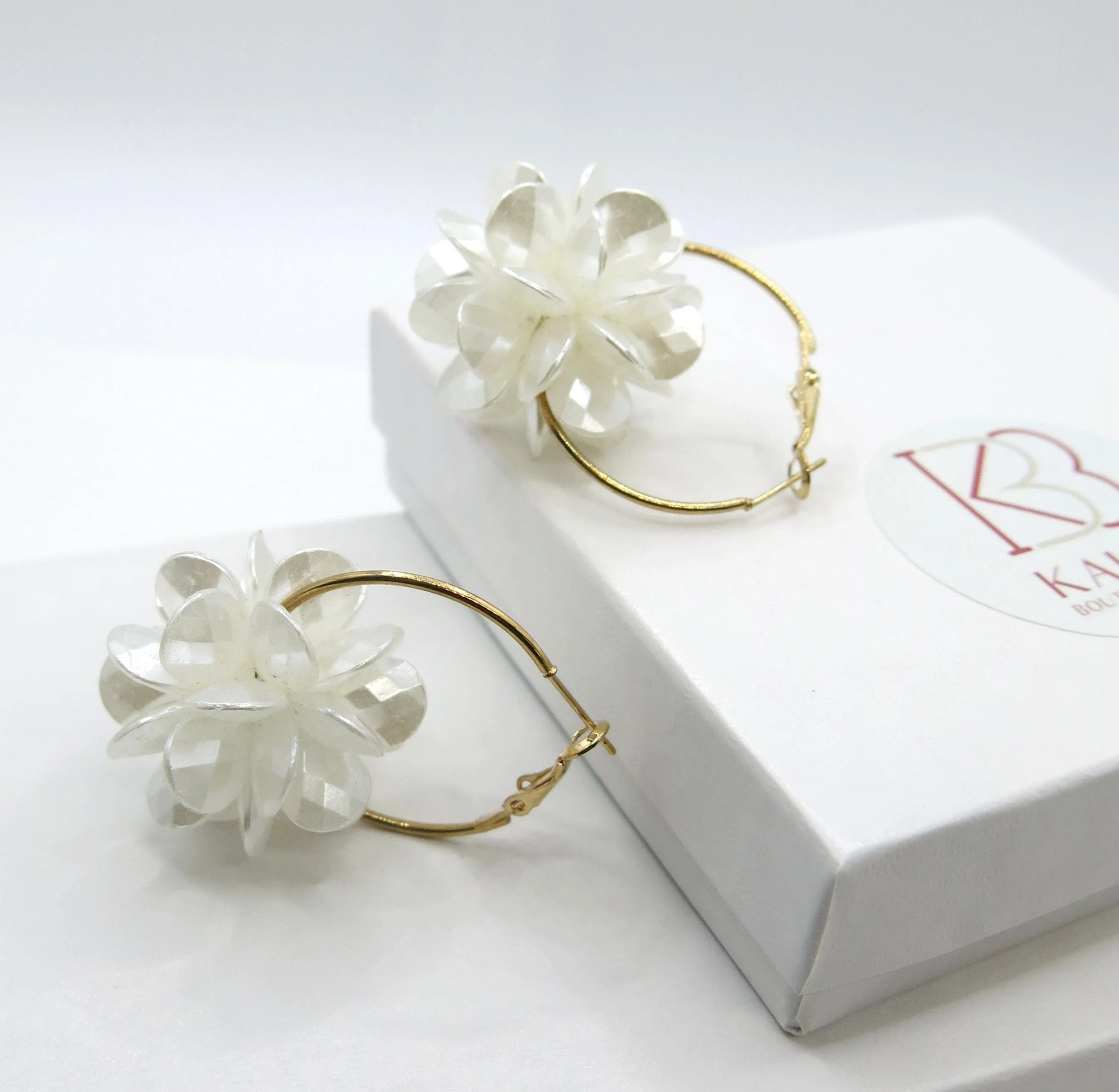 Bridal Abalone Pearl Flower Hoop Earrings, Wedding Bridesmaid Latch Omega Back Hooped Earrings, Bride Fashion Hooped Floral Studs