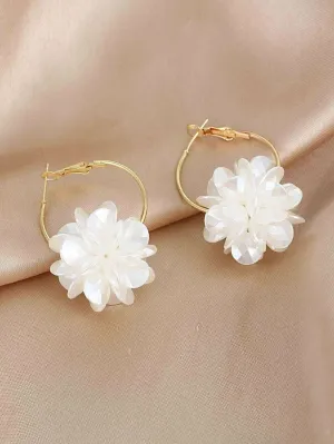 Bridal Abalone Pearl Flower Hoop Earrings, Wedding Bridesmaid Latch Omega Back Hooped Earrings, Bride Fashion Hooped Floral Studs