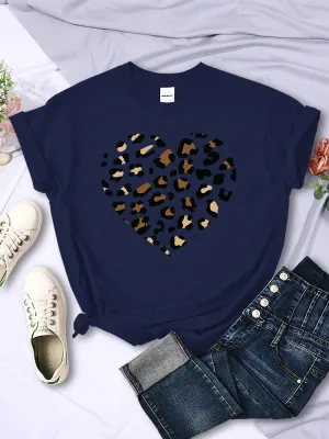 Broken Leopard Heart T-Shirt Casual Fashion Top Comfortable Women's TEE