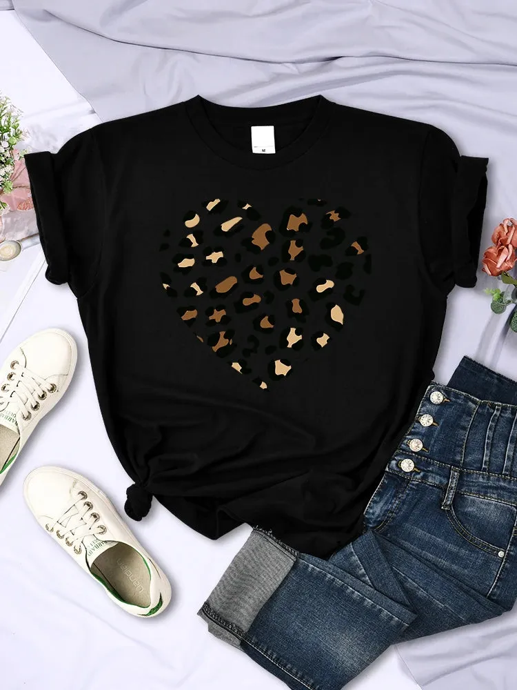 Broken Leopard Heart T-Shirt Casual Fashion Top Comfortable Women's TEE