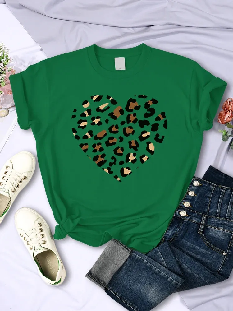 Broken Leopard Heart T-Shirt Casual Fashion Top Comfortable Women's TEE