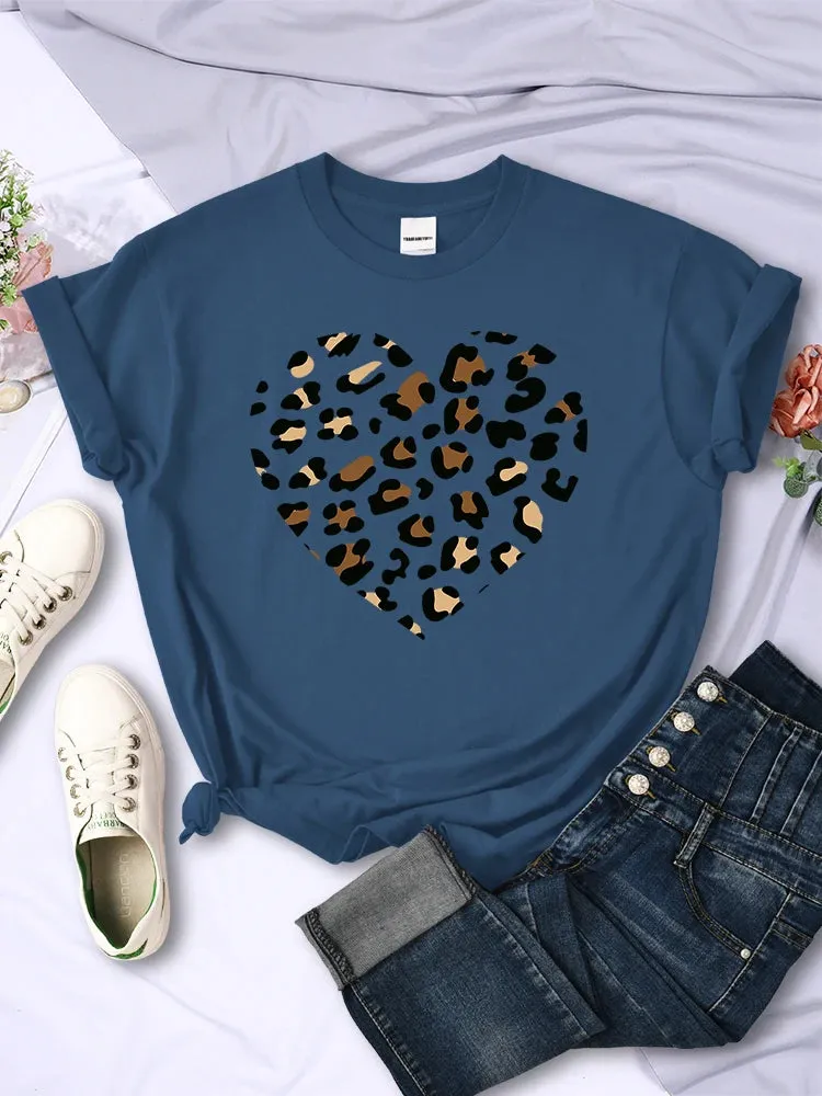 Broken Leopard Heart T-Shirt Casual Fashion Top Comfortable Women's TEE