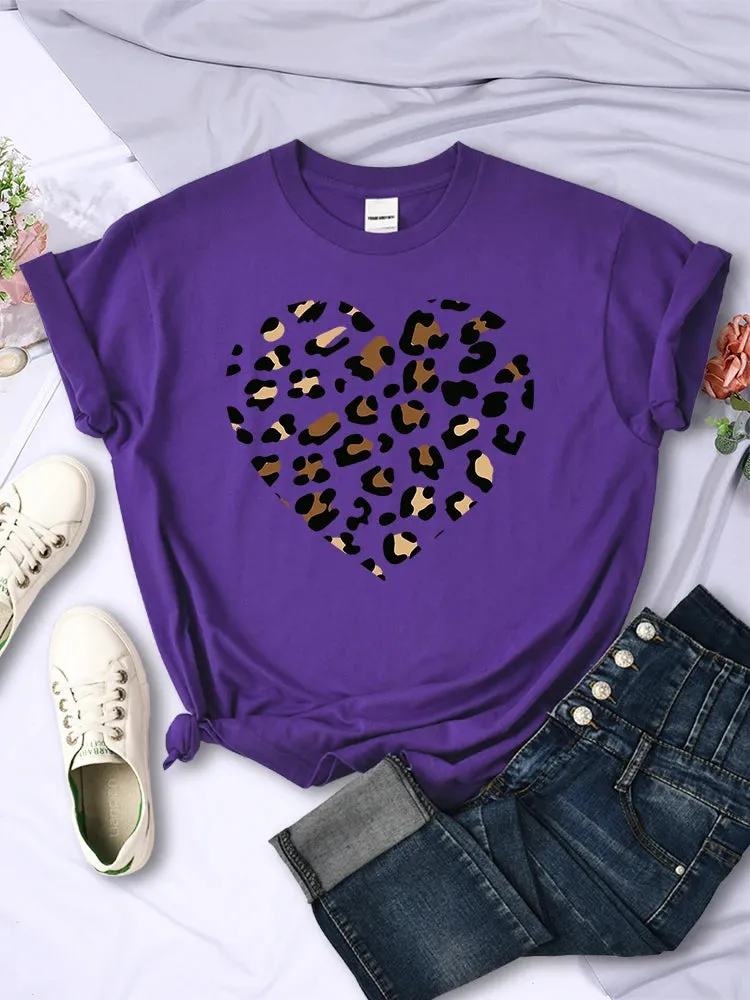 Broken Leopard Heart T-Shirt Casual Fashion Top Comfortable Women's TEE