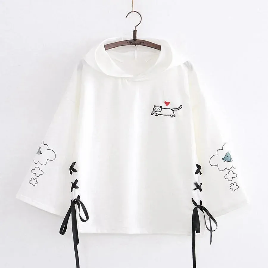 Cat Dream Laced-Up Loose Hoodie J40209