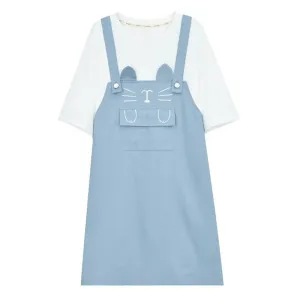Cat Embroidery Pocket Fake Two-Piece Overalls Dress J10018