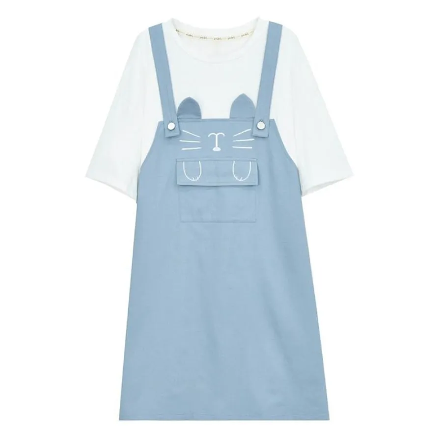Cat Embroidery Pocket Fake Two-Piece Overalls Dress J10018