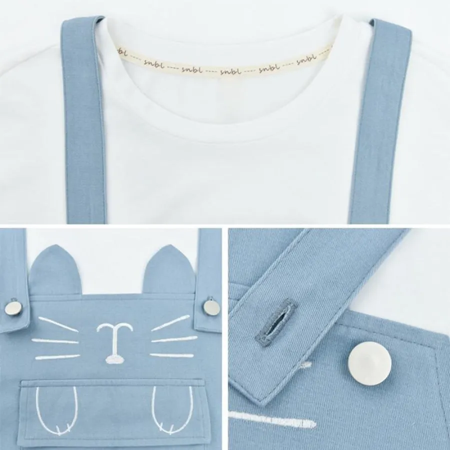 Cat Embroidery Pocket Fake Two-Piece Overalls Dress J10018