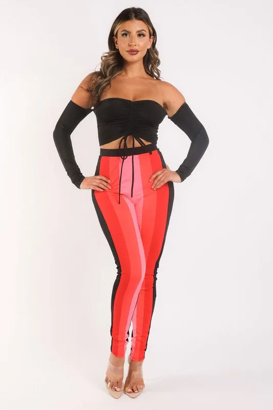 Color blocked leggings and off shoulder top