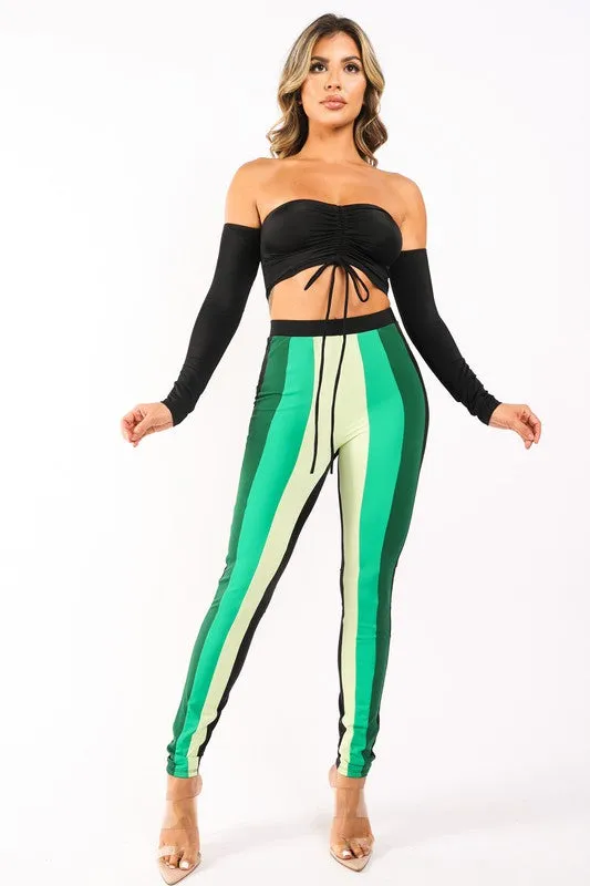 Color blocked leggings and off shoulder top