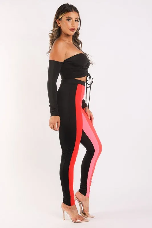 Color blocked leggings and off shoulder top