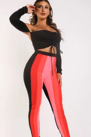 Color blocked leggings and off shoulder top