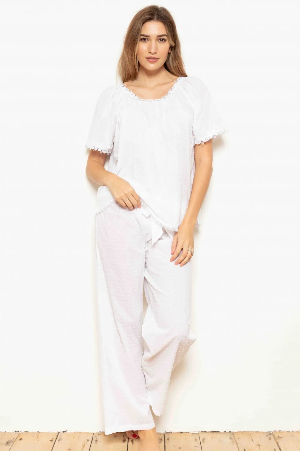 Cottonreal Lorna Cotton Voile Swiss Dot Slip-On Pyjamas White