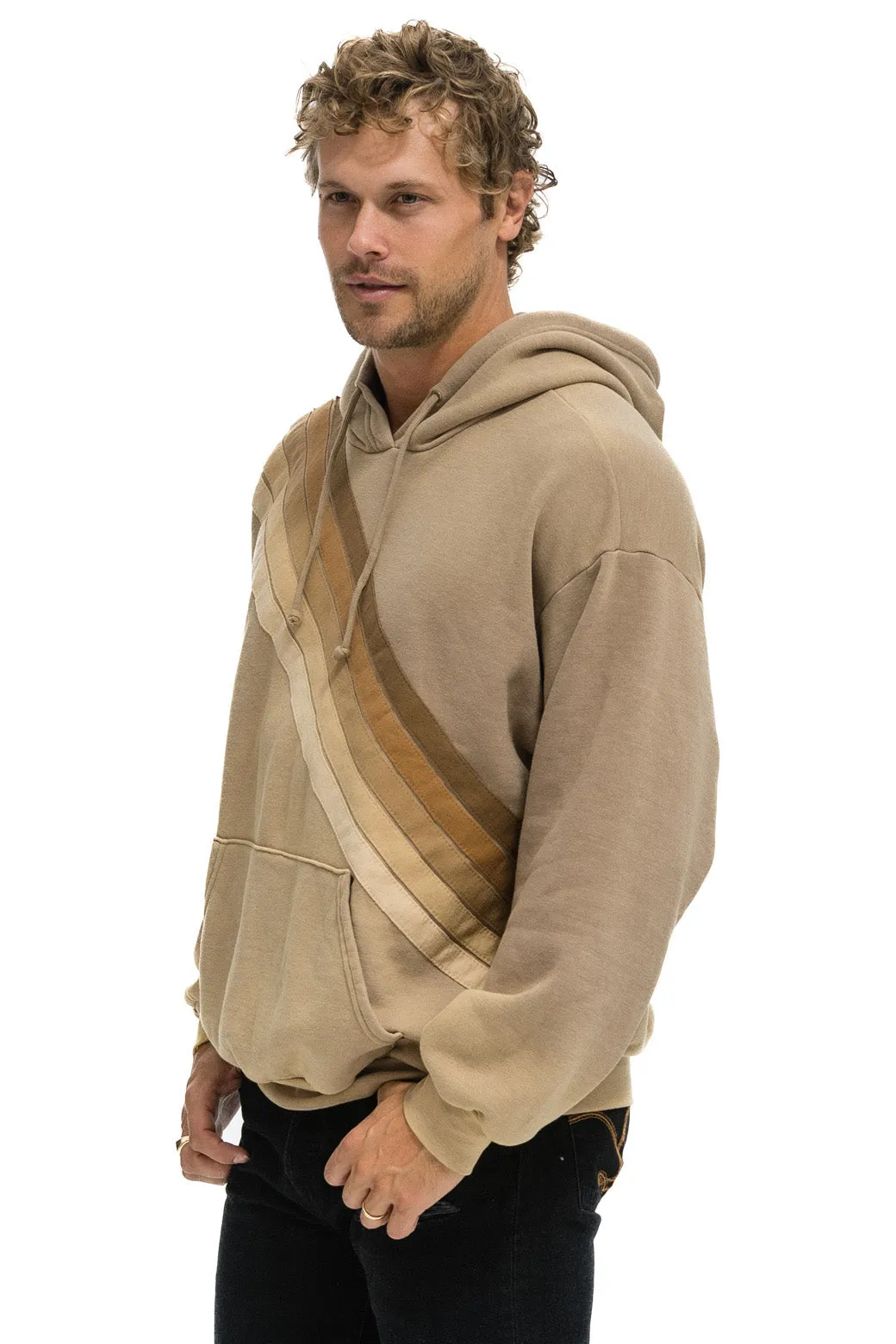 CROSS STRIPE RELAXED PULLOVER HOODIE - FADED TAN