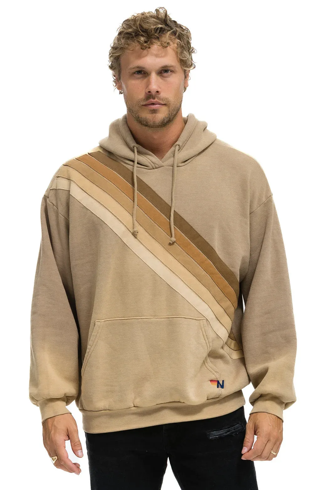 CROSS STRIPE RELAXED PULLOVER HOODIE - FADED TAN