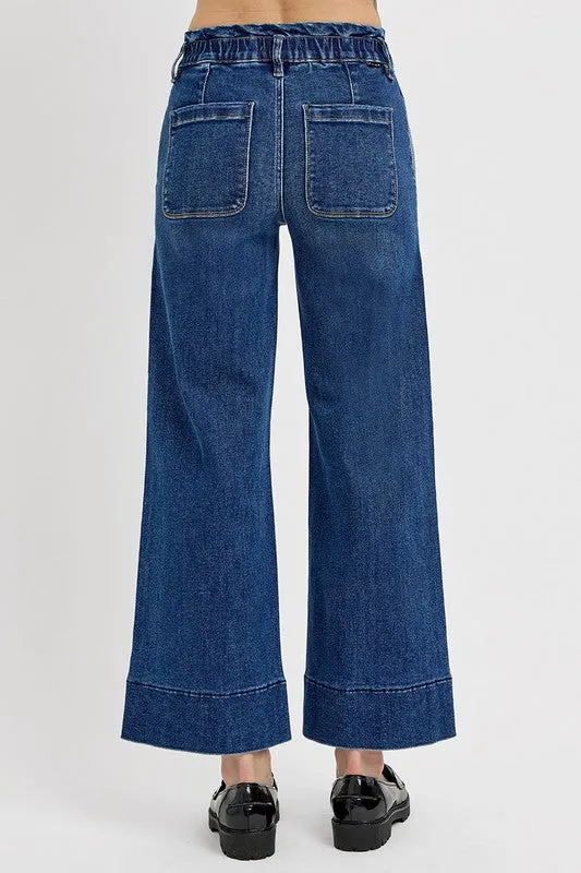 Dark Blue Elastic Band Wide Leg Jeans