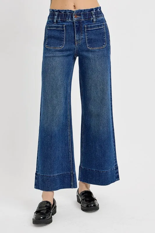 Dark Blue Elastic Band Wide Leg Jeans