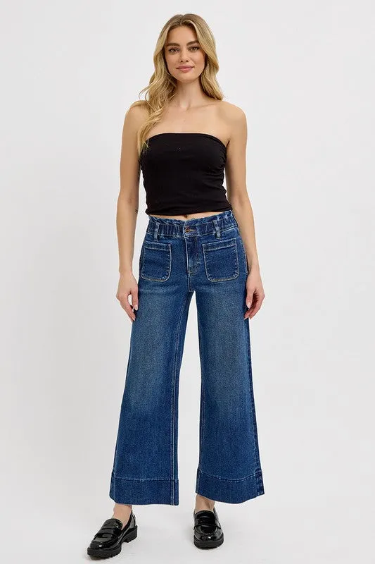 Dark Blue Elastic Band Wide Leg Jeans